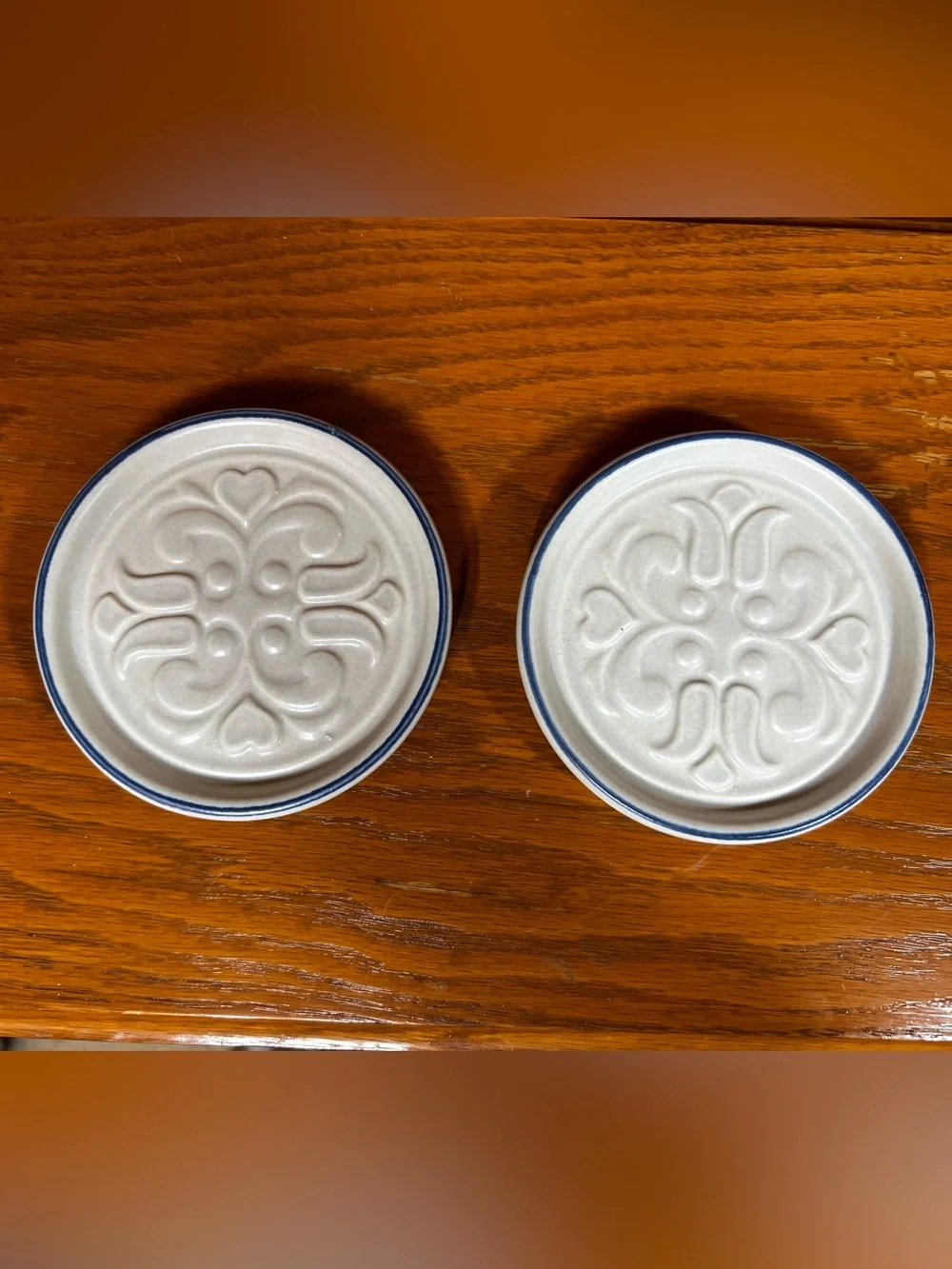 Vintage Pfaltzgraff Yorktowne Blue Rim Embossed Stoneware Coasters Set of 2